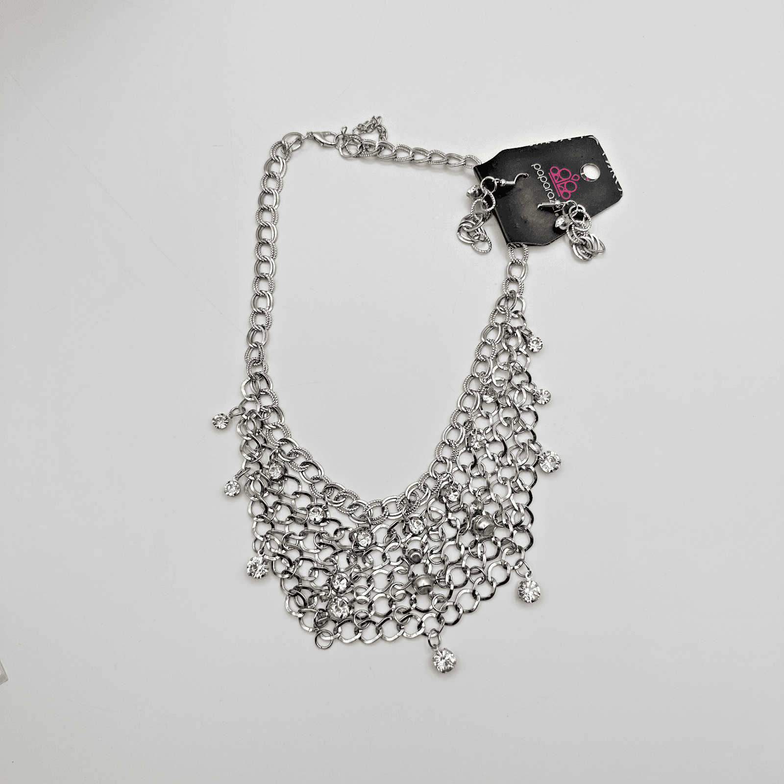 Vintage 80s Fishing Compliments Silver Necklace Rhinestone Bib Choker Jewelry