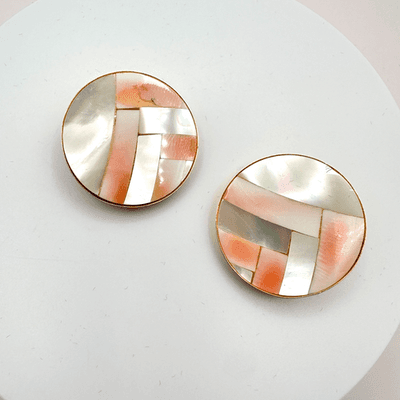 Vintage 90s Mother of Pearl Shell Mosaic Earrings Gold Tone Women's Jewelry