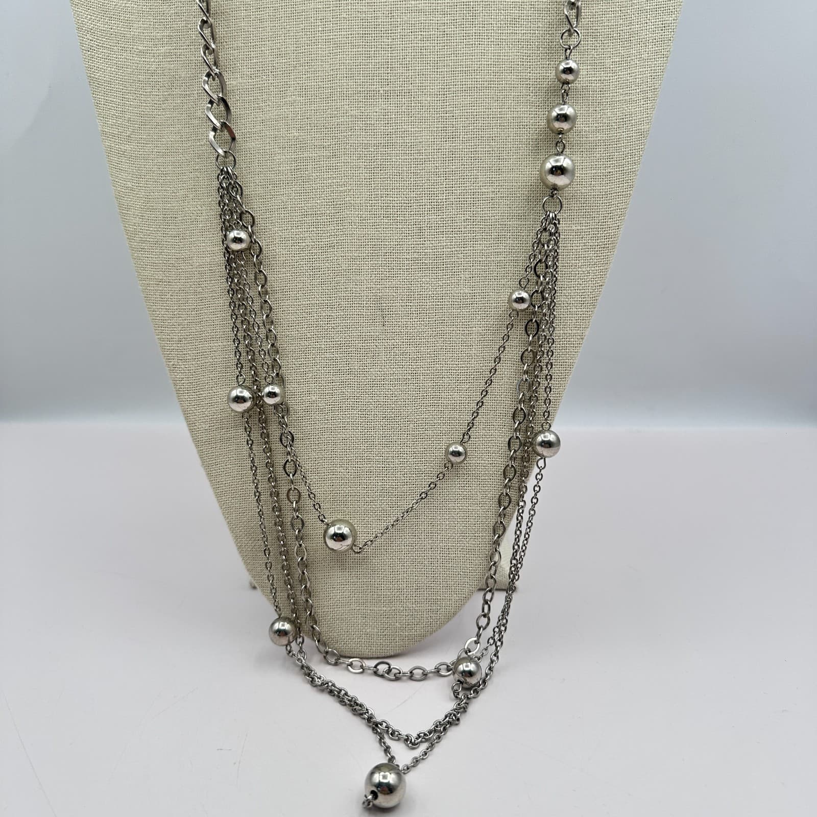 Vintage 80s Silver Tone Ball Triple Layered Chain Bead Statment Necklace Jewelry