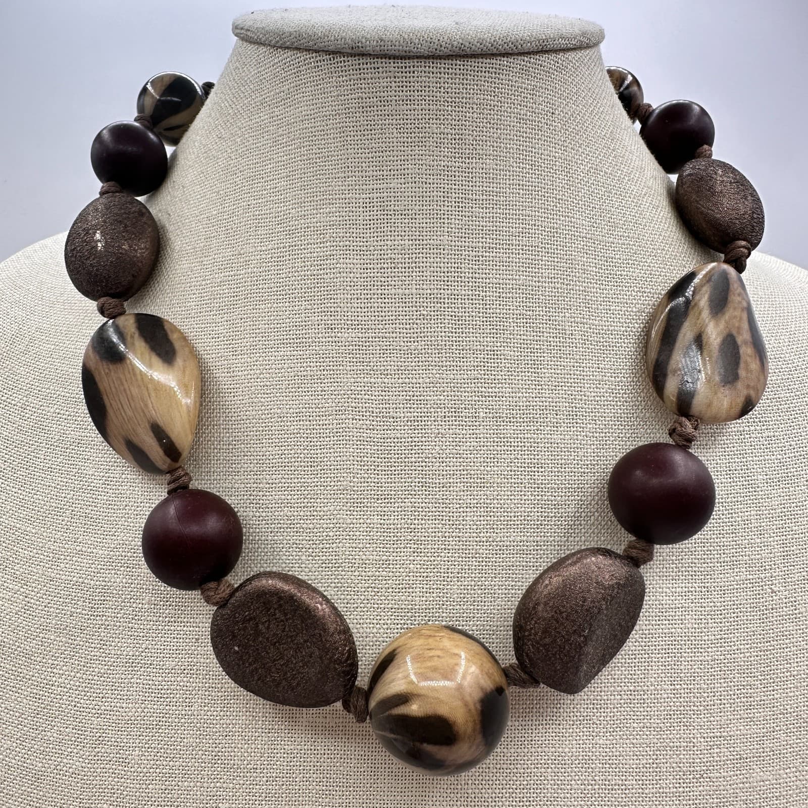 Vintage Brown Chunky Beaded Necklace Leopard Print Wood Textured Boho Statement