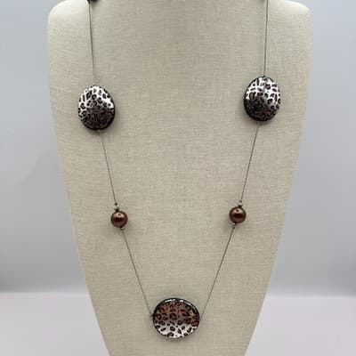 Vintage Y2K Leopard Print Brown Beaded Necklace Silver Tone Rope Chain Jewelry