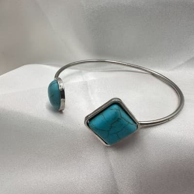 Vintage 90s Faux Turquoise Cuff Bracelet Silver Tone Statement Women's Jewelry