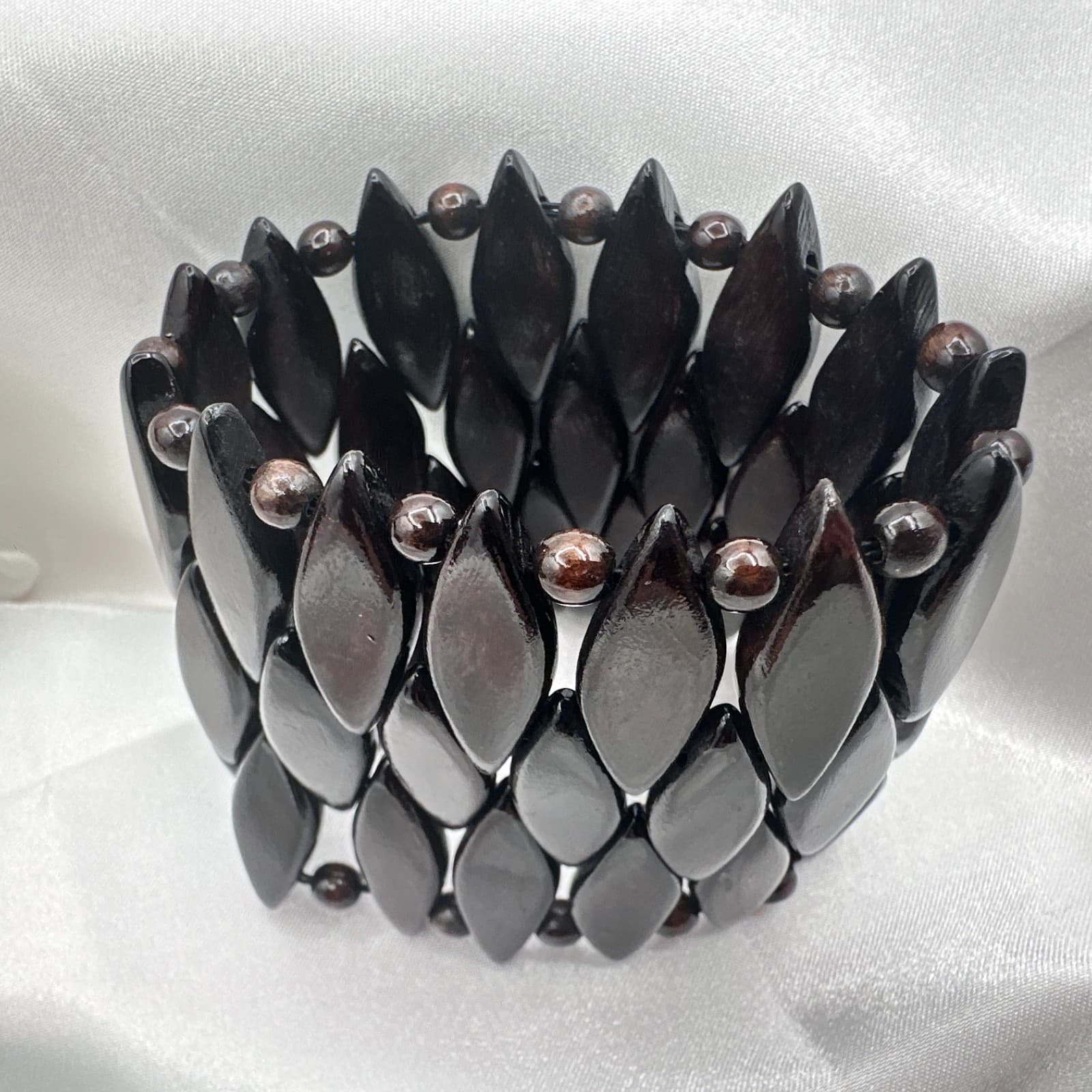 Vintage 90s Brown Wood Bead Stretch Cuff Bracelet Boho Statement Fashion Jewelry