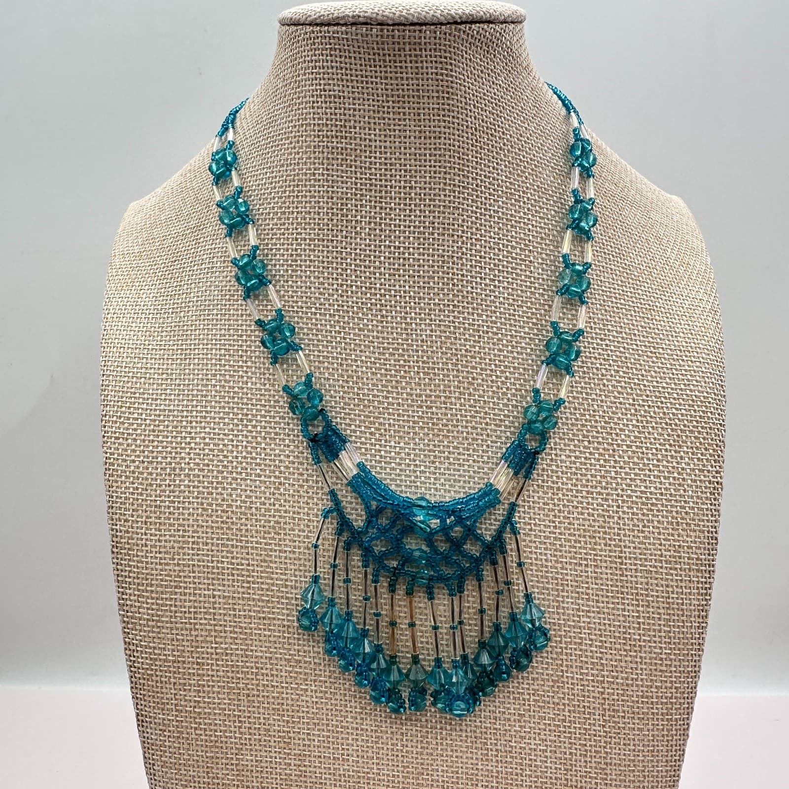Vintage 90s Silver Tone Teal Blue Seed Beaded Fringe Necklace Women's Jewelry