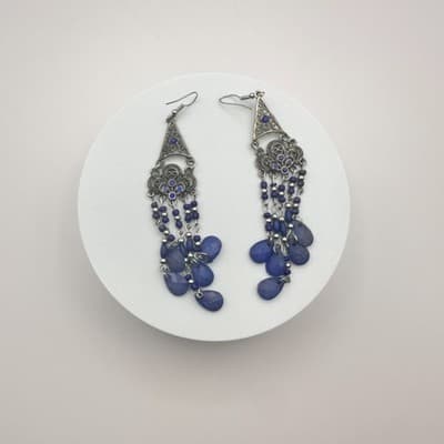Vintage Y2K Silver Tone Blue Beaded Chandelier Dangle Earrings Women's Jewelry