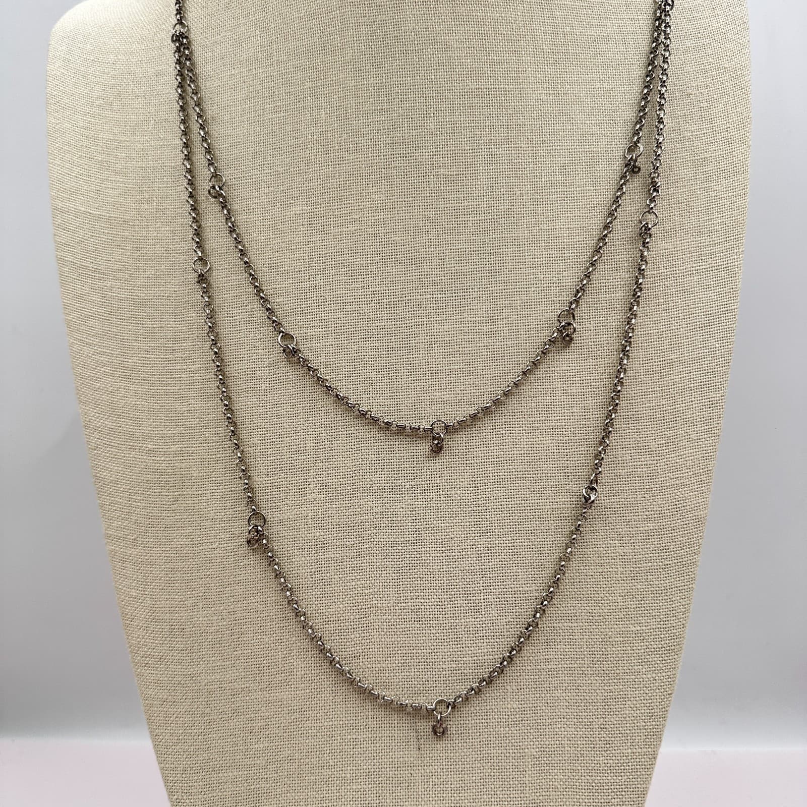 Vintage 90s Silver Tone Double Strand Rolo Chain Necklace Minimalist Jewelry Y2K