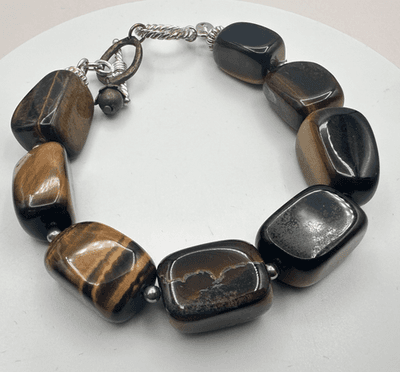 Vintage 90s Silver Tone Tiger Eye Beaded Bracelet Women's Classic Jewelry