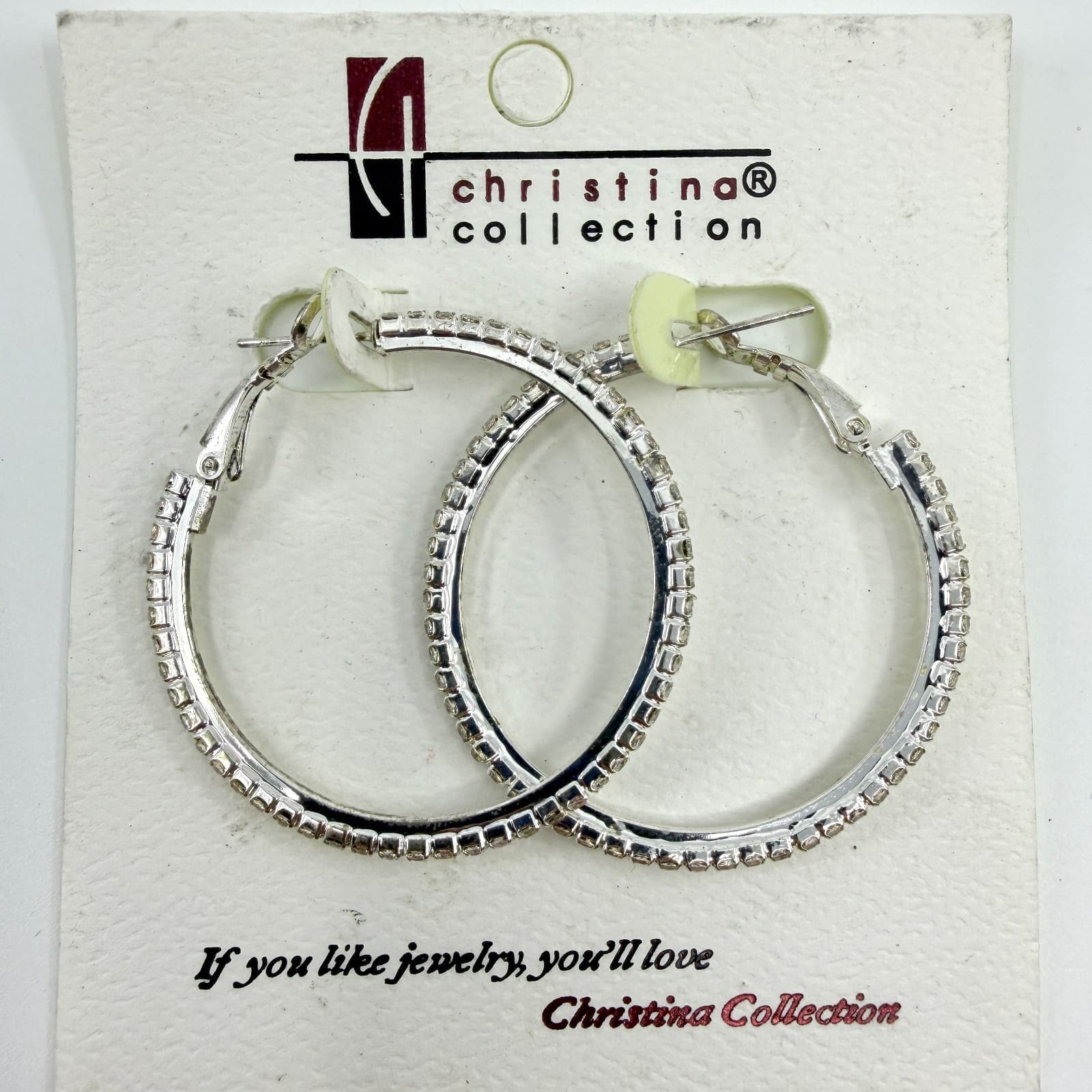 Christina Collection Silver Tone Rhinestone Hoop Earrings Y2K Statement Gift