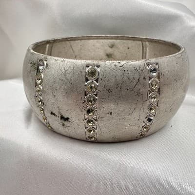 Vintage 90s Silver Tone Chunky Bracelet Clear Rhinestone Women's Classic Jewelry