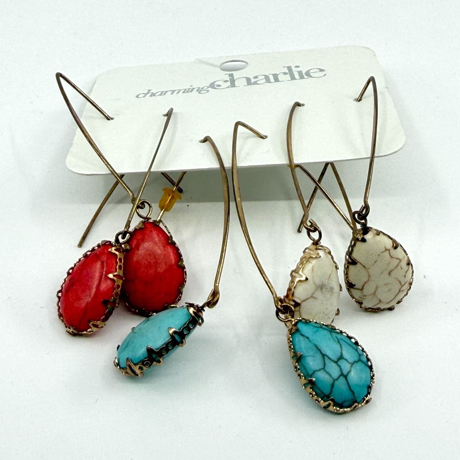 Charming Charlie Faux Turquoise Howlite Teardrop Dangle Earrings Set 3 Pairs Y2K