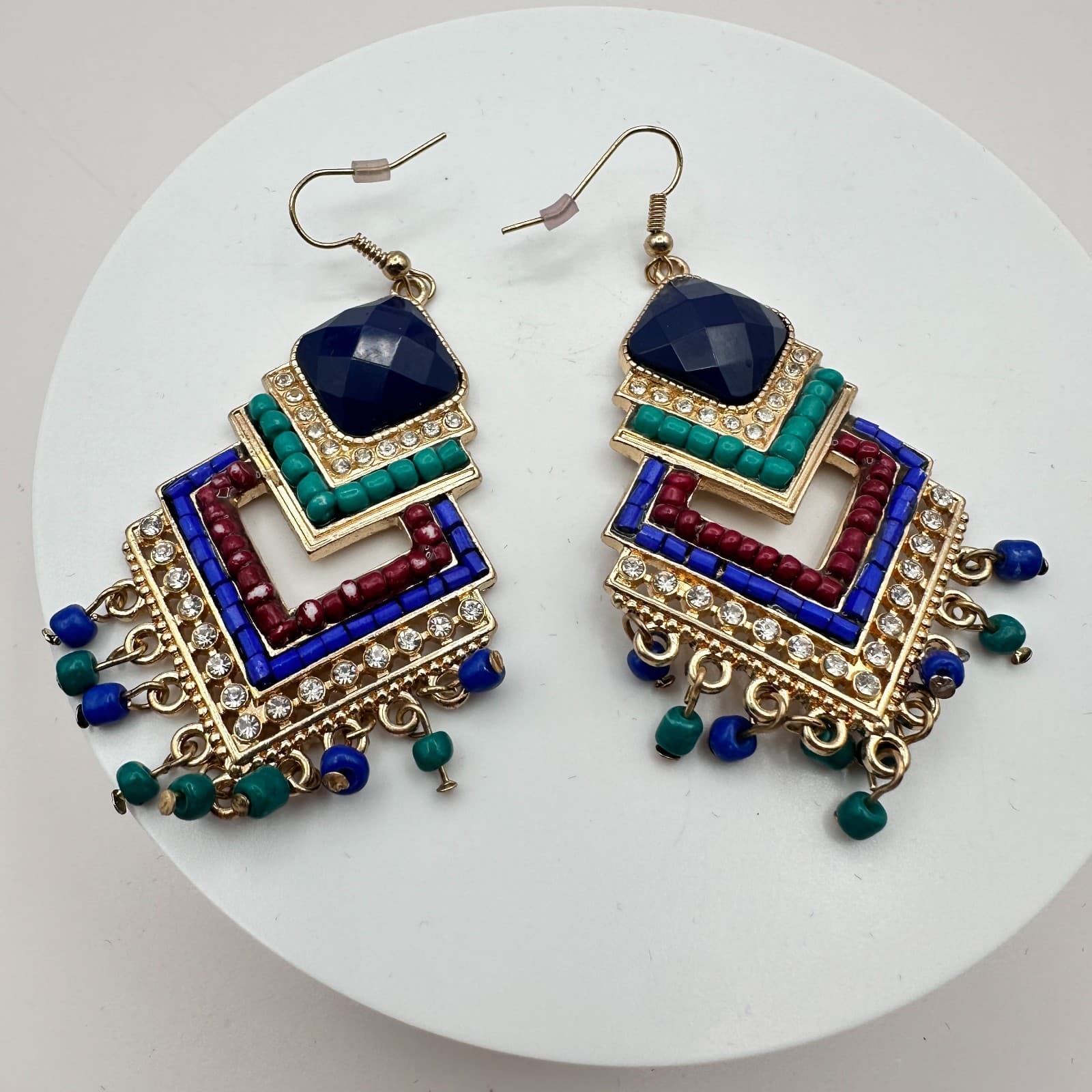 Vintage Y2K Rhinestone Beaded Chandelier Earrings Gold Tone Boho Women's Jewelry