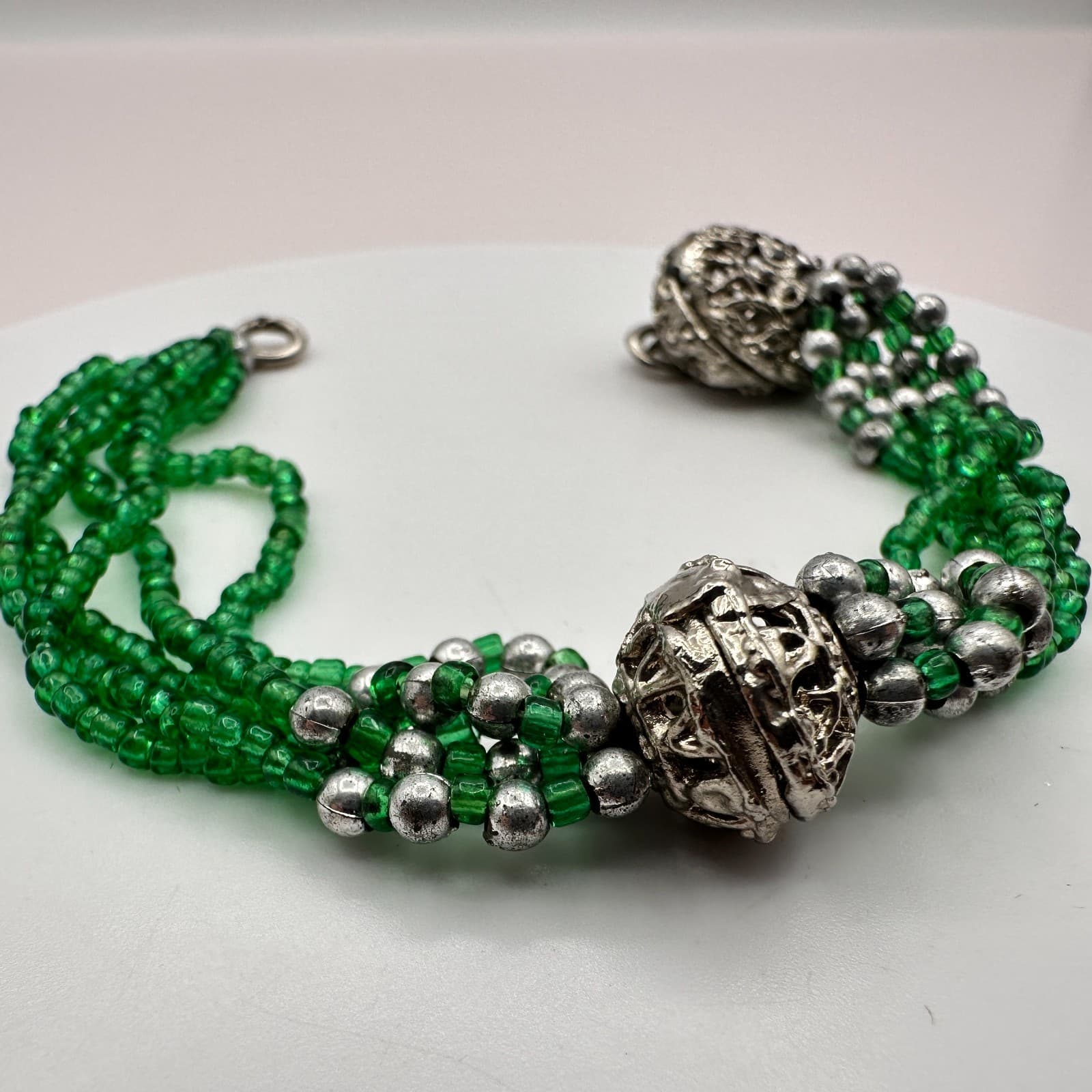 Vintage 90s Silver Tone Multi-Strand Green Bead Bracelet Boho Statement Jewelry