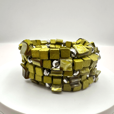 Vintage Y2K Shell & Wooden Beaded Memory Wire Wrap Bracelet Statement Jewelry