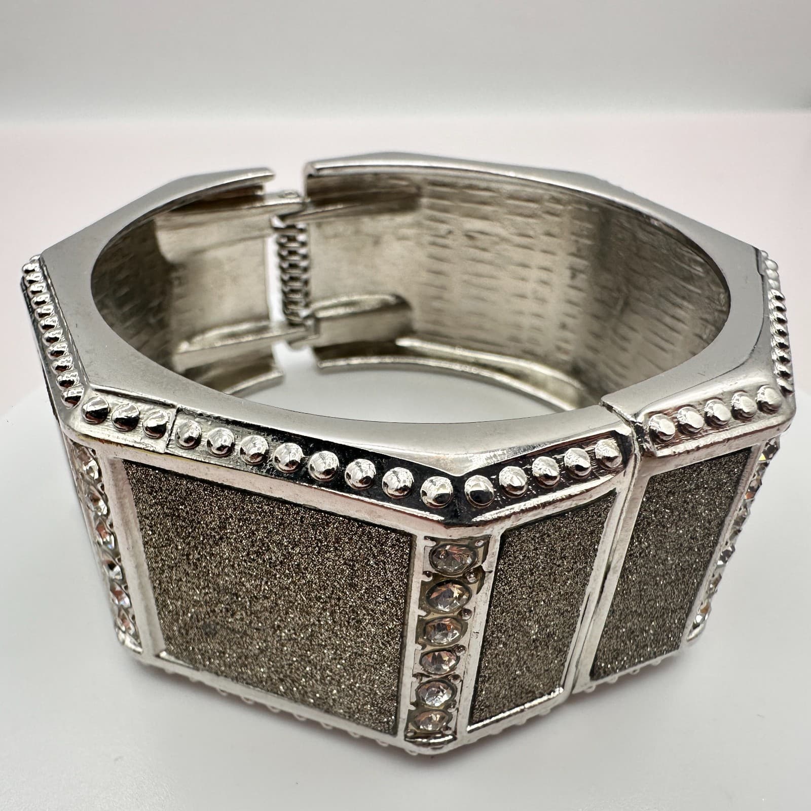 Vintage 90s Y2K Rhinestone Glitter Panel Silver Tone Wide Cuff Bracelet Jewelry
