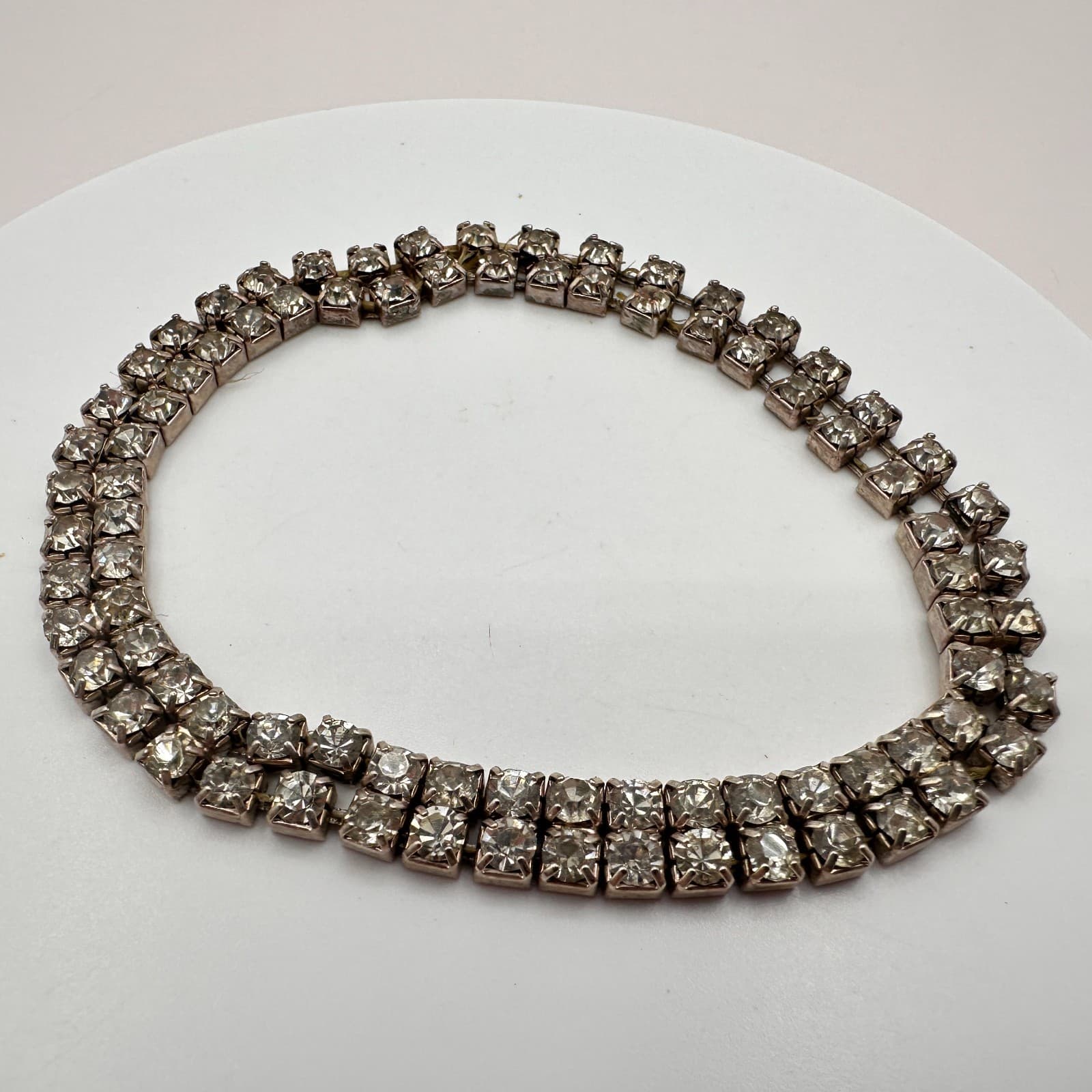 Vintage 90s Clear Rhinestone Double Row Tennis Bracelet Silver Tone Jewelry Y2K