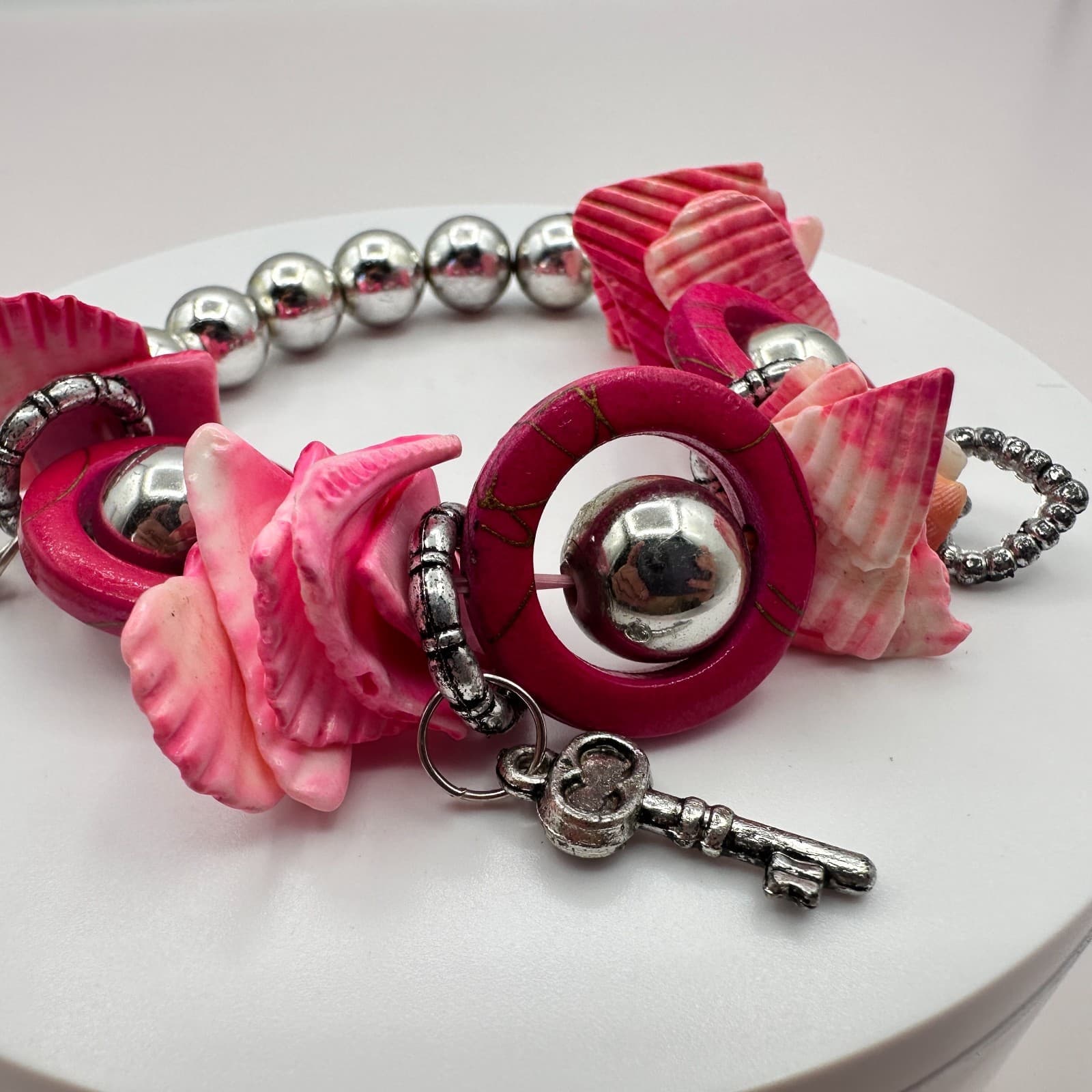 Vintage Pink Shell Stretch Bracelet Wood Hoop Silver Bead Key Feather Charm Boho