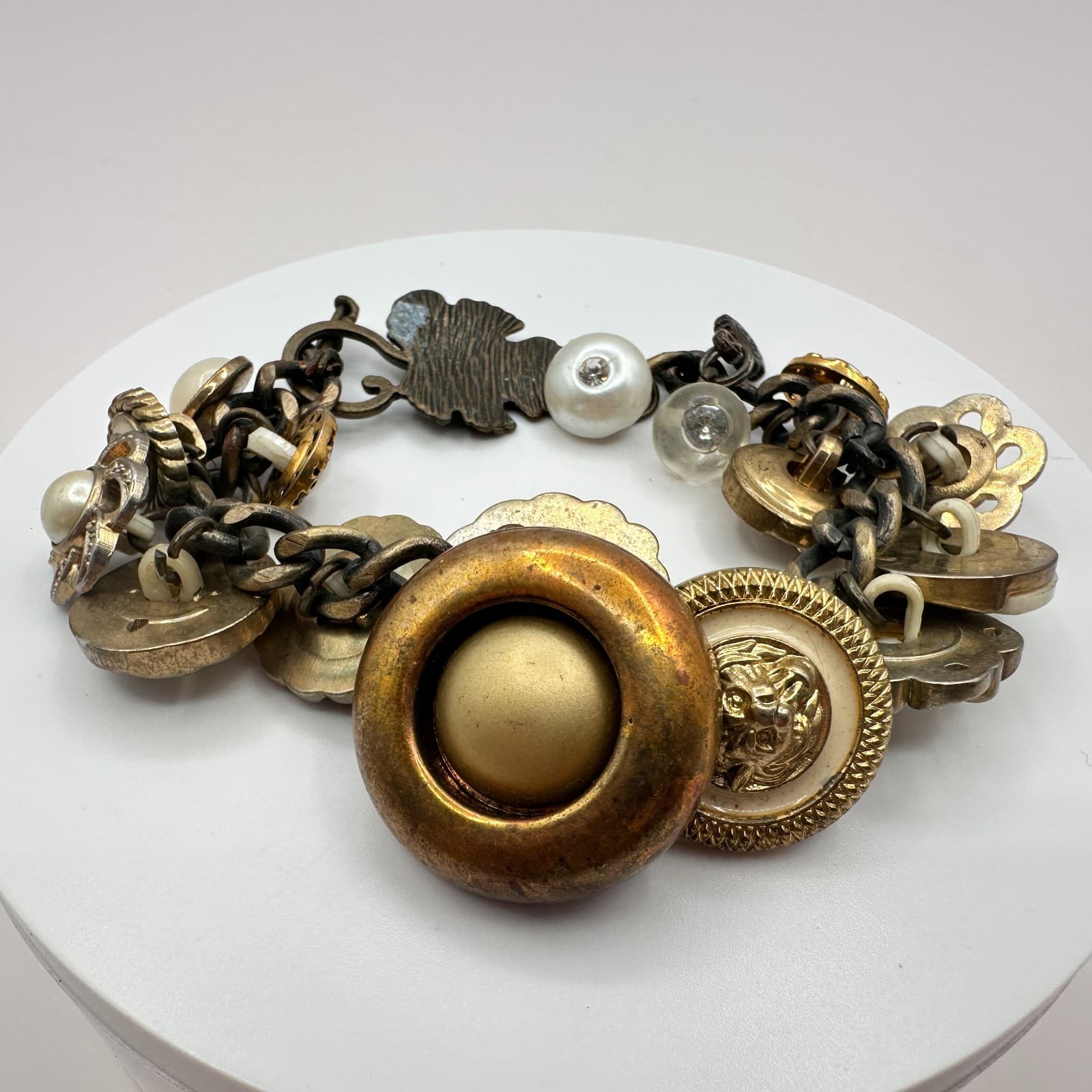 Vintage 90s Faux Pearl Button Boho Charm Bracelet Statement Women's Jewelry Bib