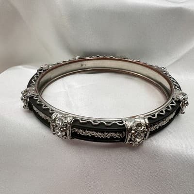 Vintage 90 Silver Tone Clear Rhinestone Black Enamel Bracelet Women's Jewelry