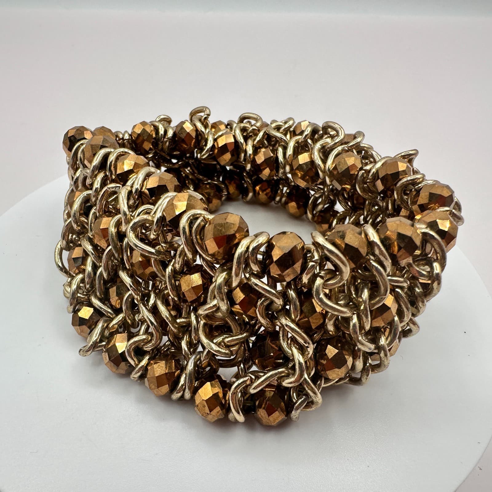 VTG Gold Tone Wide Mesh Stretch Cuff Bracelet Bronze Faceted Glass Bead Chunky