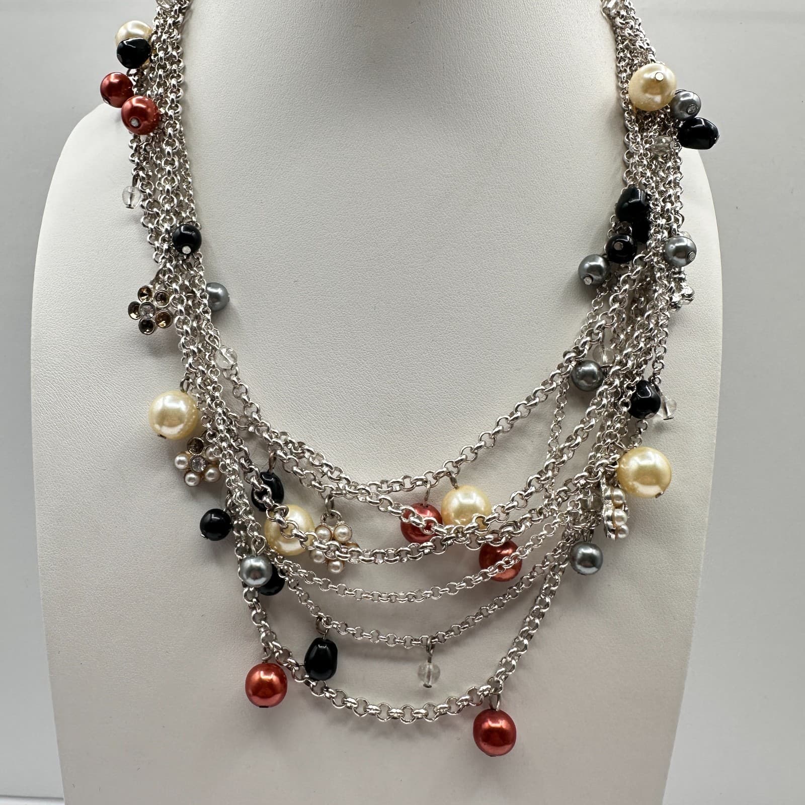 Vintage 90s Strands Pearl Beaded Necklace Statement Silver Tone Fashion Jewelry