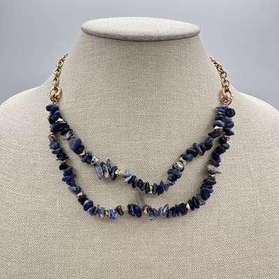 Vintage Y2K Gold Tone Double Strand Blue Sodalite Chip Chunky Necklace Jewelry
