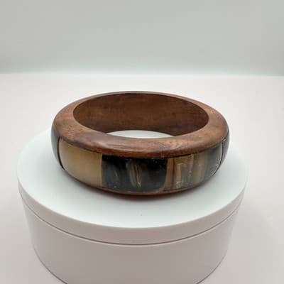 Vintage 90s Wood & Inlay Horn Bangle Bracelet Chunky Fashion Classic Jewelry