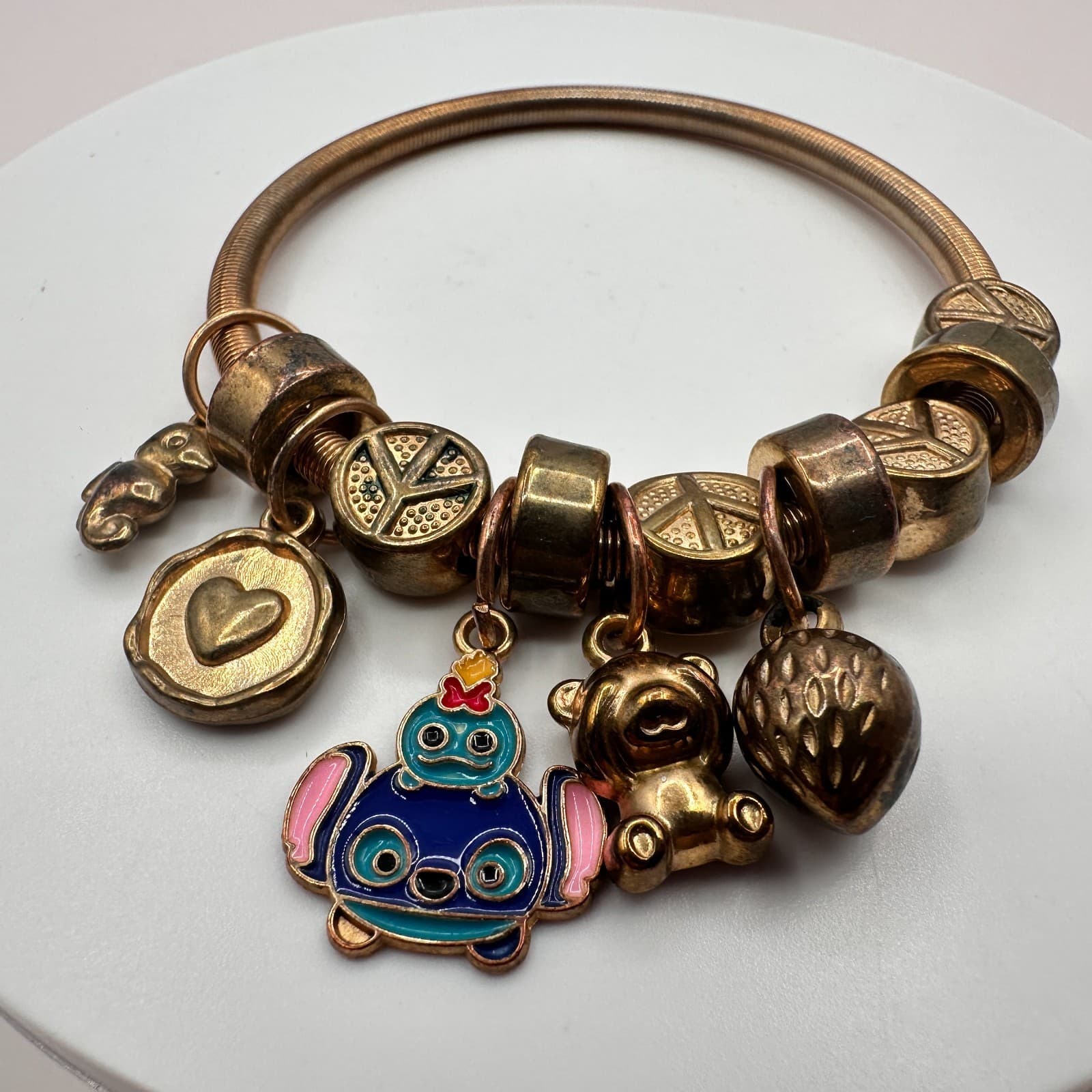 Vintage Y2K Gold Tone Peace Signs Expandable Charm Bracelet Women's Jewelry 90s