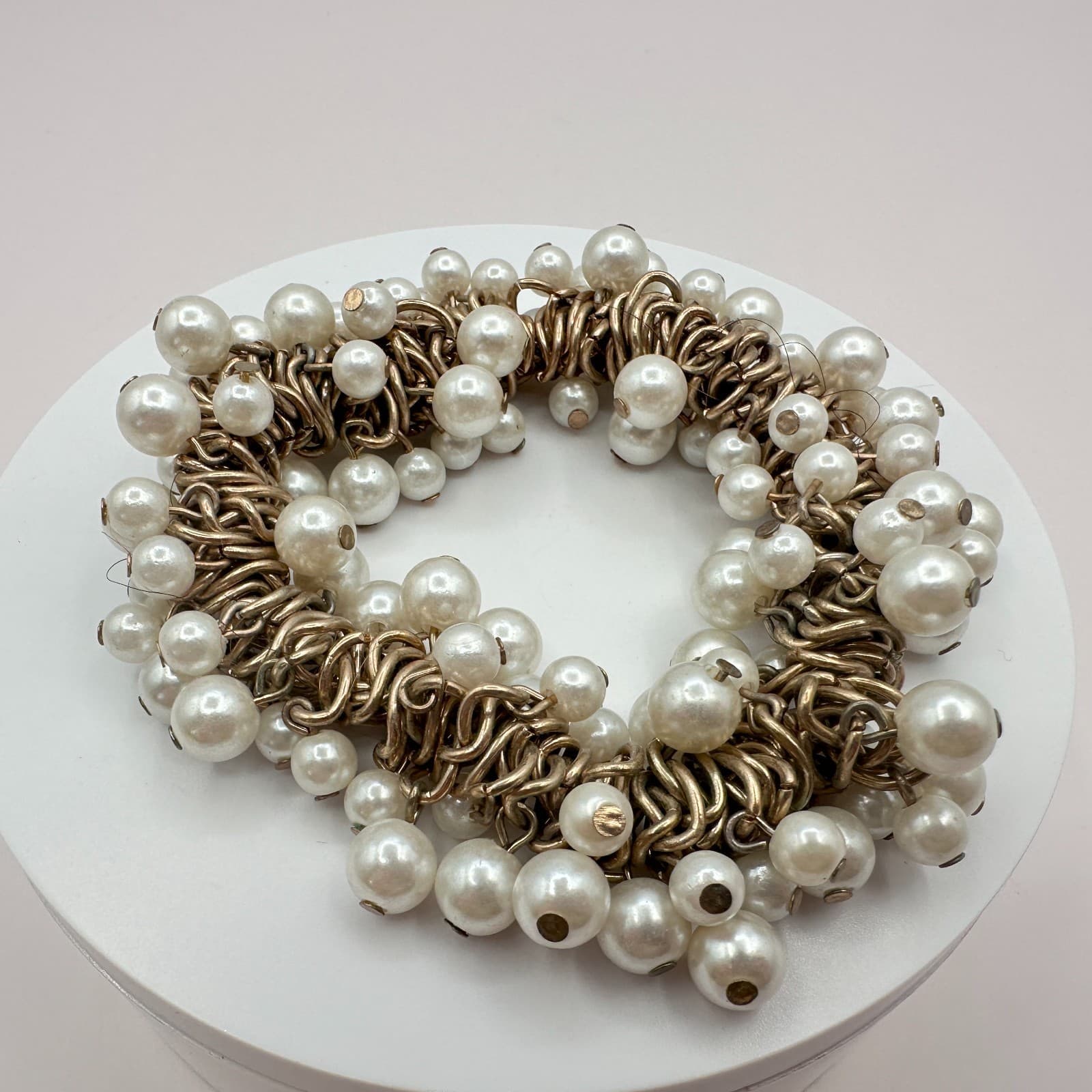 Vintage Gold Tone Faux Pearl Cluster Bracelet Shag Chunky Wedding Bridal Gift