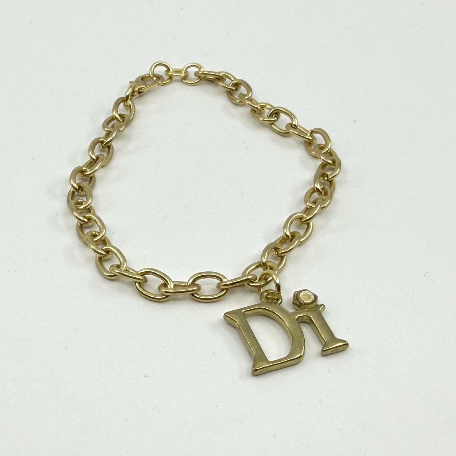Gold Tone Chain Link Bracelet with DI Letter Charm and Rhinestone Accent Boho