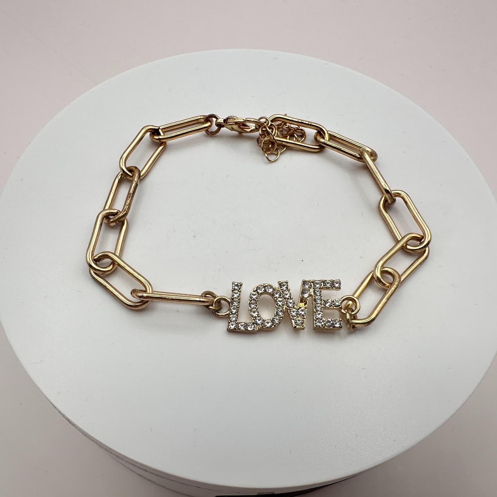 Vintage Y2K Gold Tone Rhinestone LOVE Paperclip Chain Bracelet Women's Jewelry