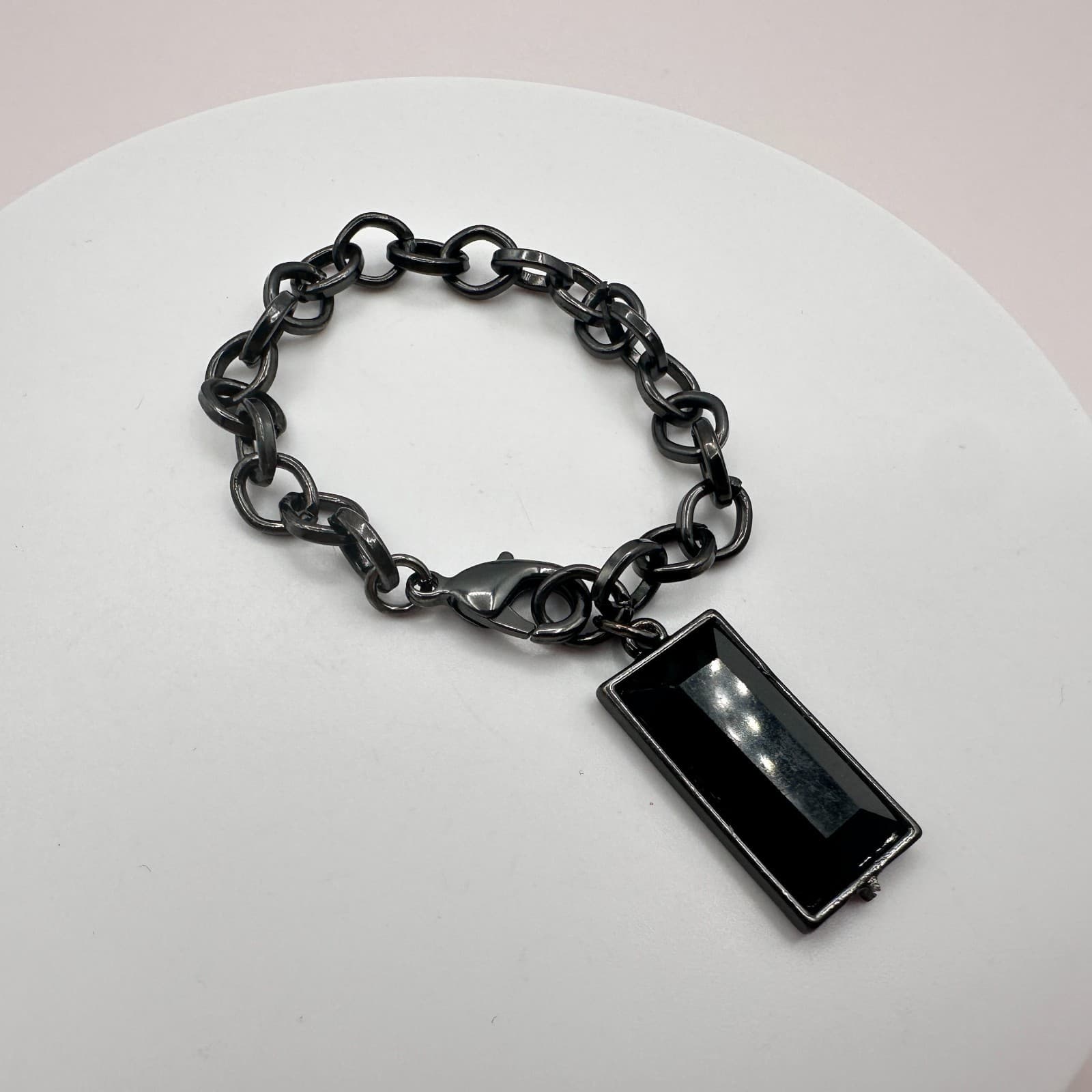 Vintage 90s Gunmetal Chain Black Glass Rectangle Bracelet Womens Classic Jewelry
