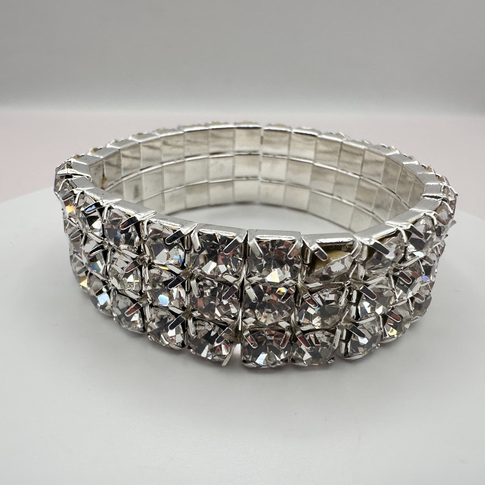 Vintage 90s Silver Tone Clear Rhinestone Cuff Bracelet Women's Classic Jewelry