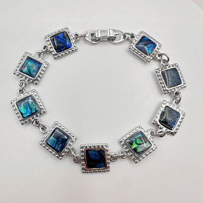 Vintage Y2K Silver Tone Square Iridescent Abalone Shell Link Bracelet Jewelry