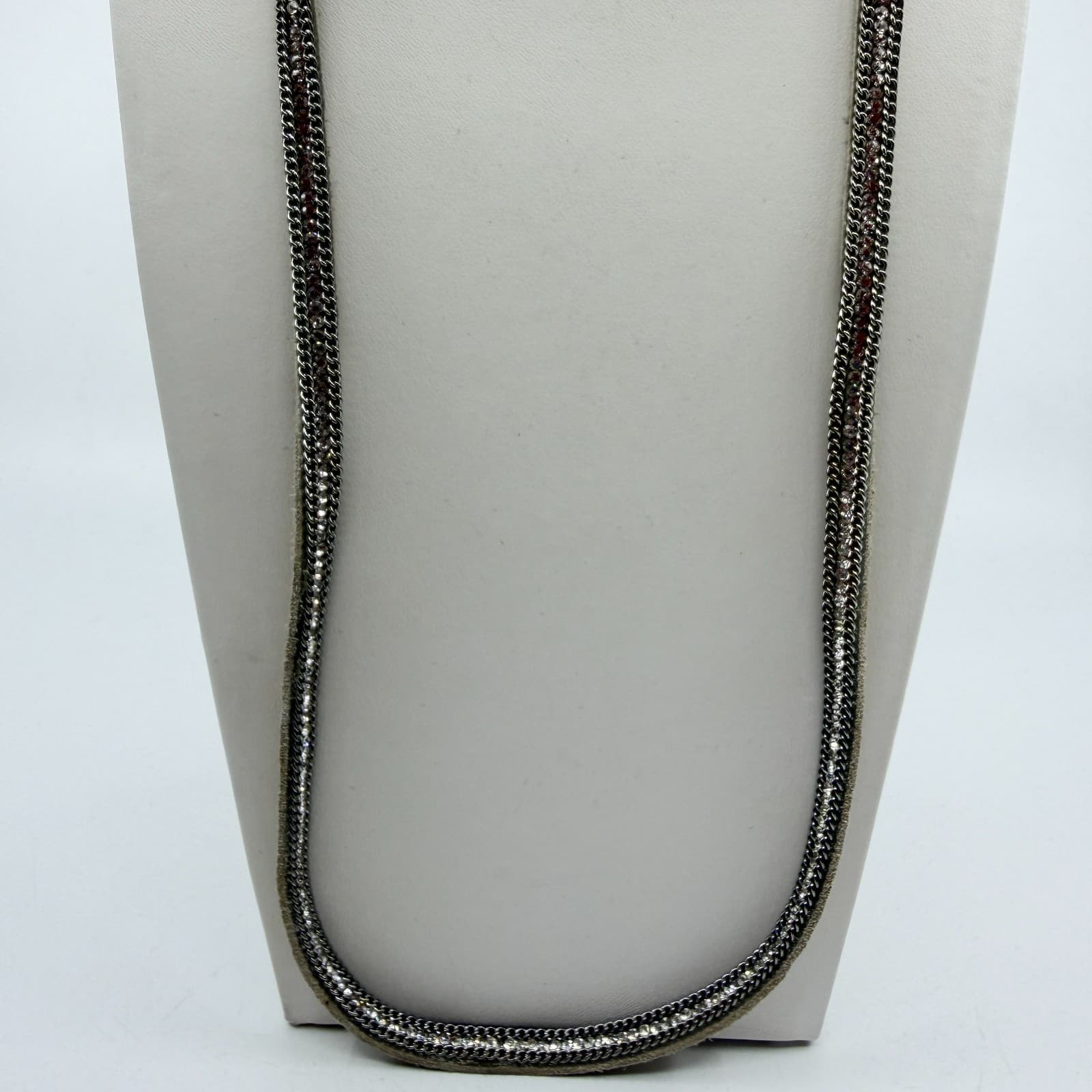 Y2K Sparkly Silver Tone Curb Chain Necklace Rhinestone Accent Layering Accessory