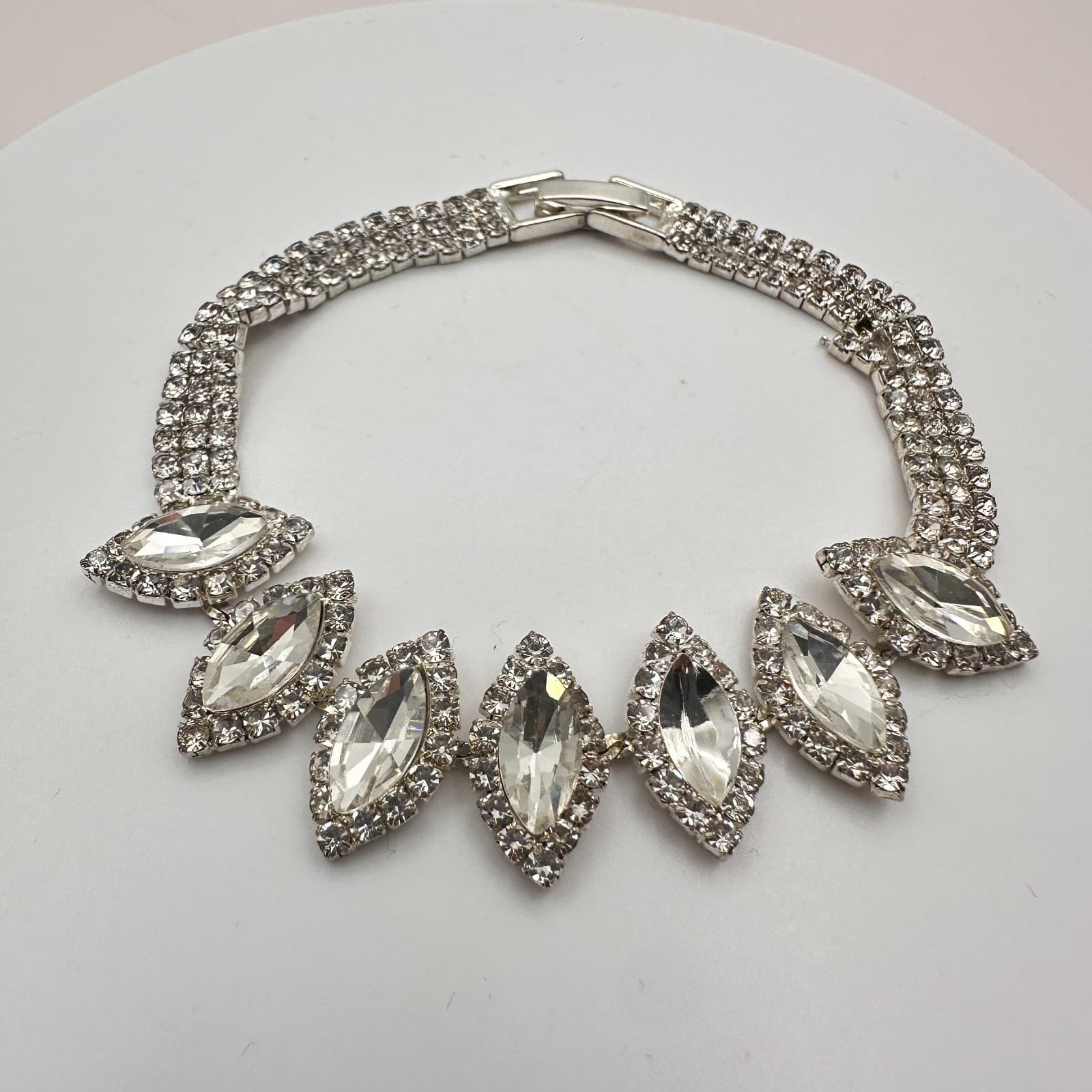 Vintage Y2K Silver Tone Marquise Rhinestone Bracelet Statement Women's Jewelry