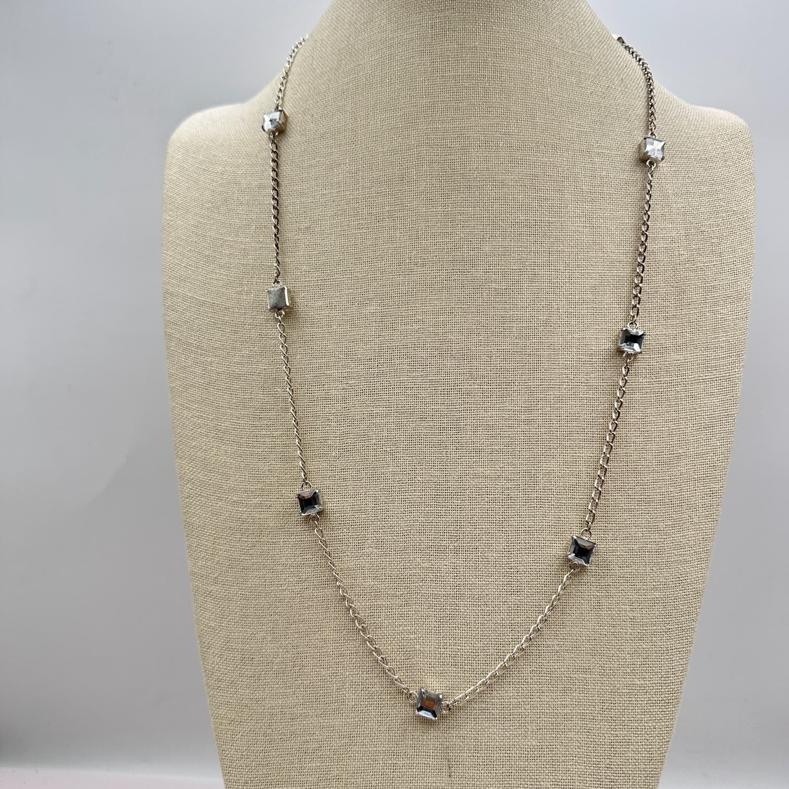 Vintage 80s Silver Tone Set Square Blue Topaz Station Chain Necklace Jewelry Y2K