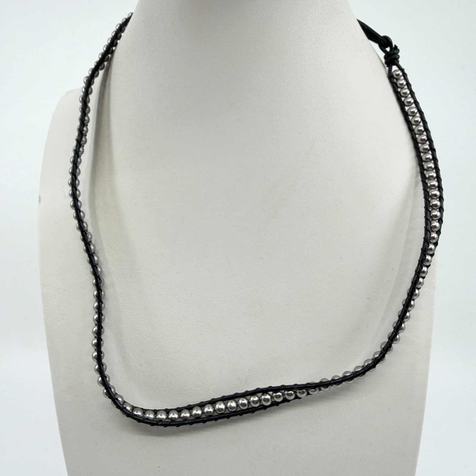 Boho Leather Wrap Necklace Channel Set Metallic Beaded Choker Stacking Jewelry