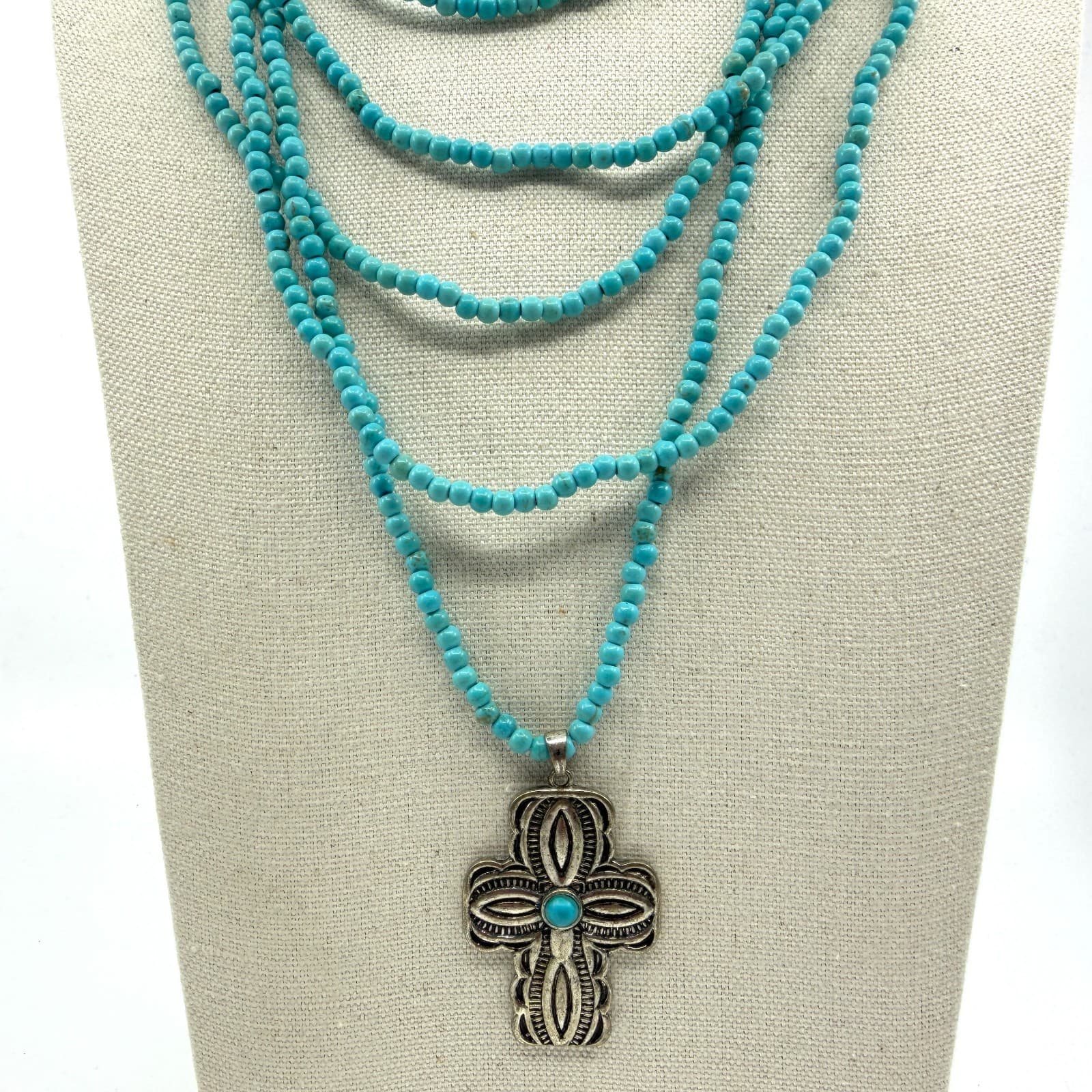 Southwestern Style Turquoise Bead Multi-Strand Cross Pendant Necklace Statement