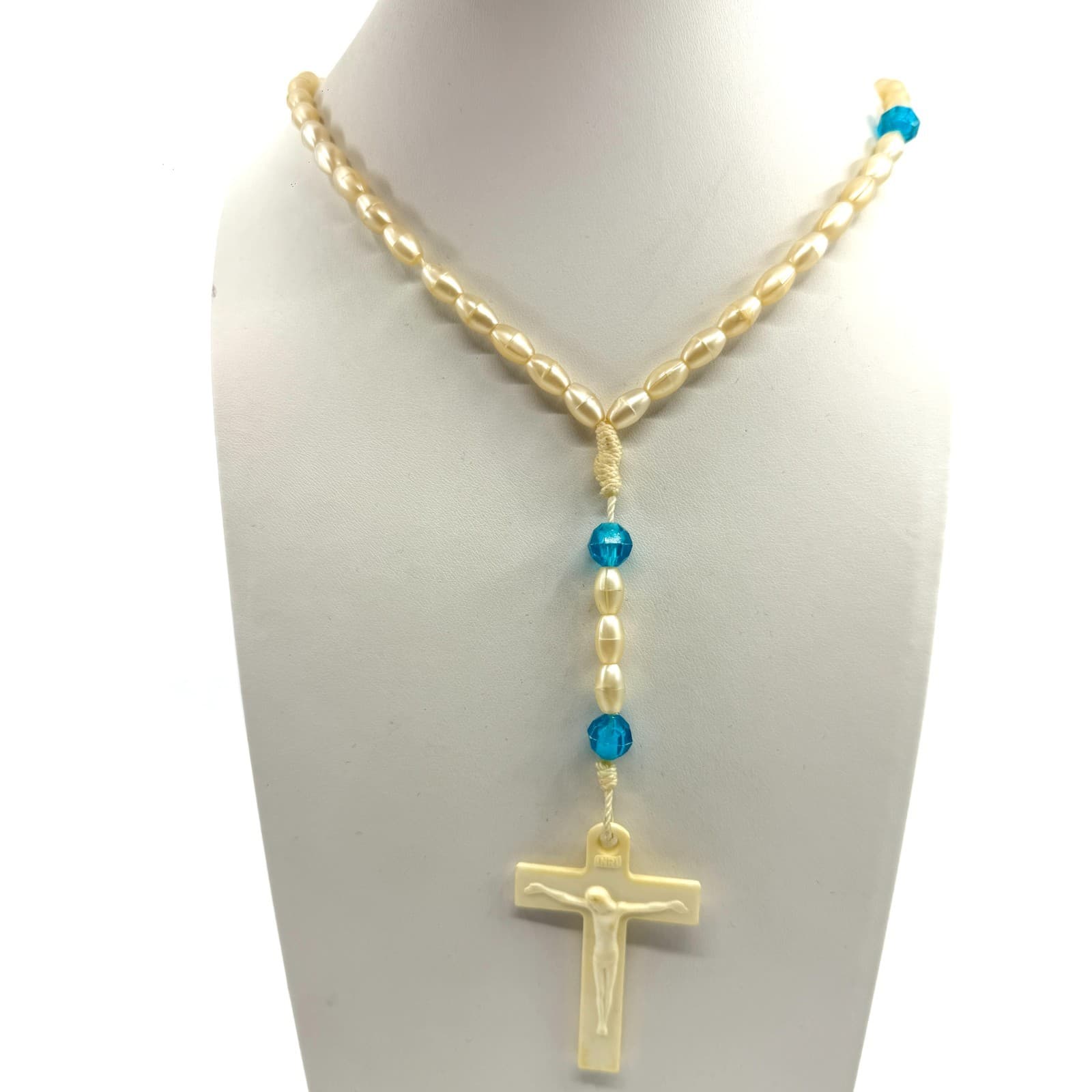 Vintage Style Rosary Necklace Faux Pearl Blue Beads Cream Crucifix Statement