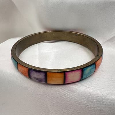 Vintage Y2K Brass Tone Hand Painted Box Pattern Bracelet Boho Women's Jewelry