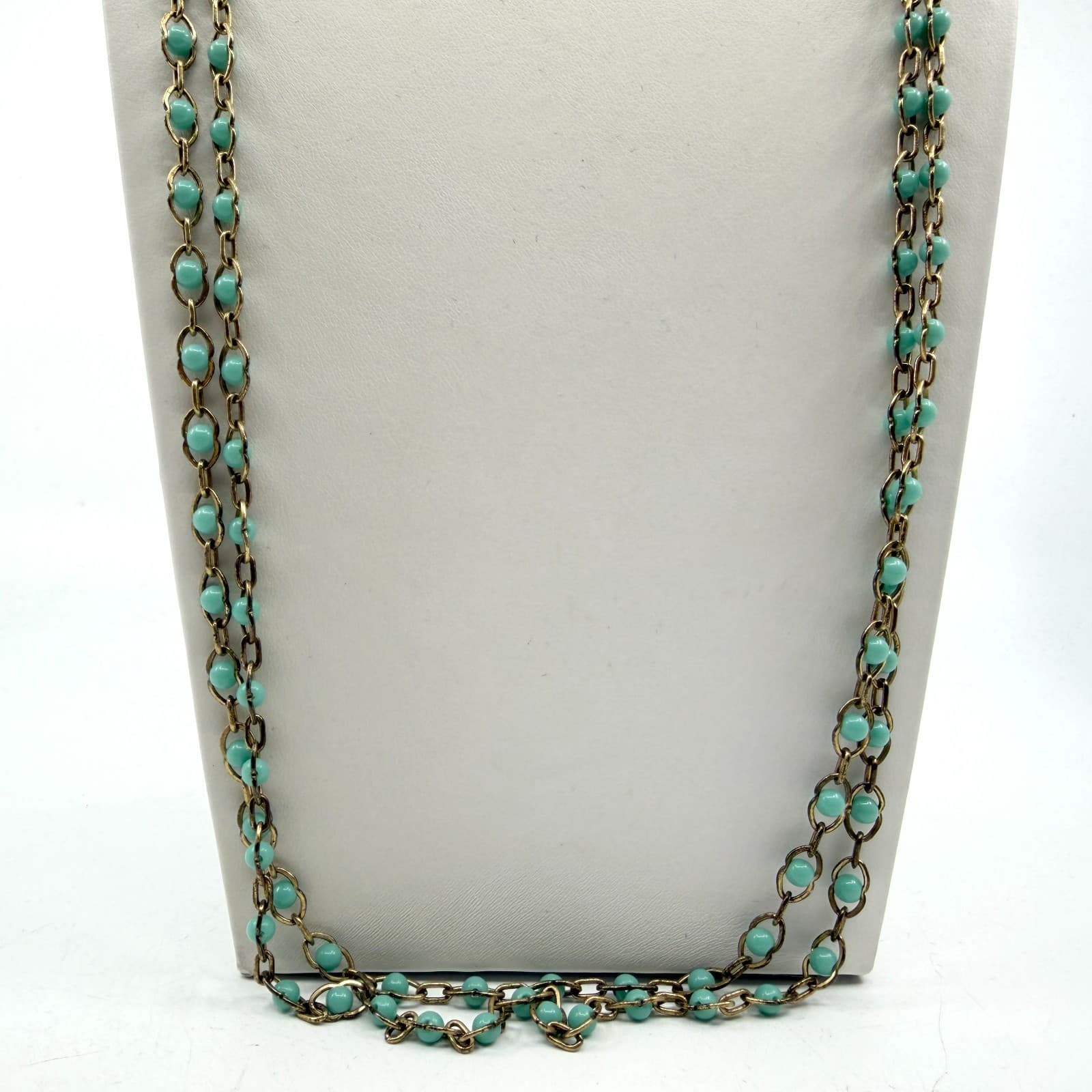 Long Beaded Chain Necklace Teal Accent Gold Tone Boho Layering Statement Gift