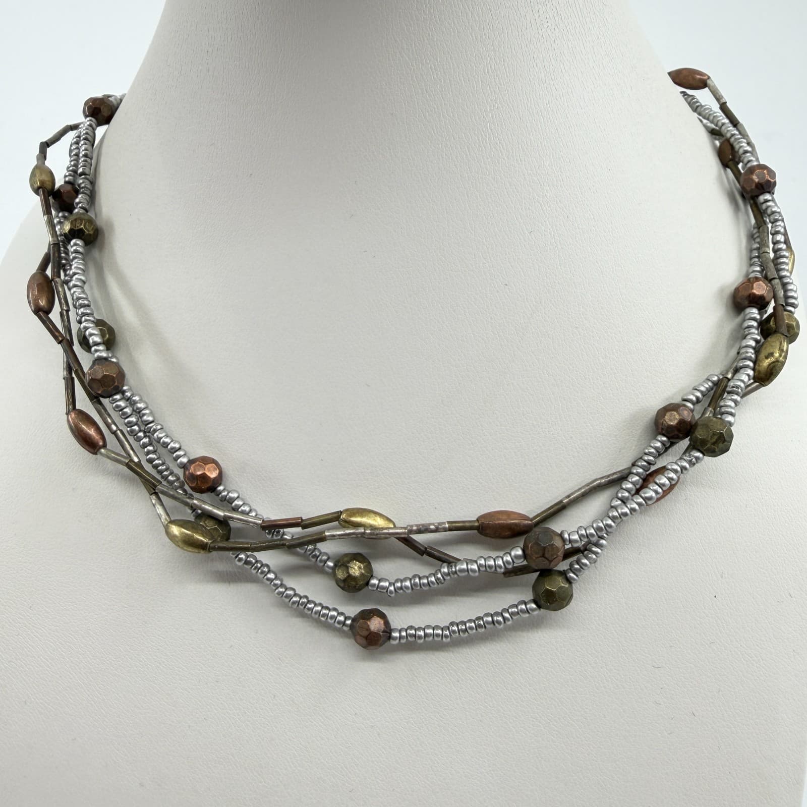 Multi Strand Mixed Metal Bead Necklace Bronze & Silver Tone Layered Boho Jewelry