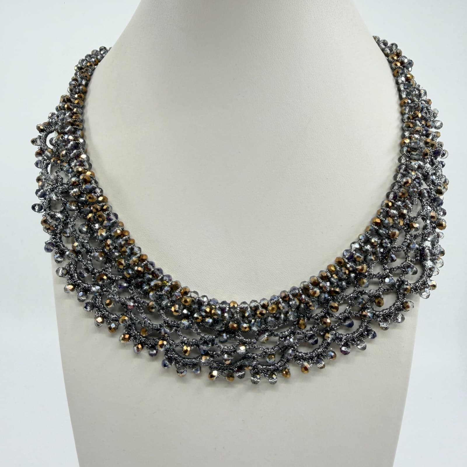 Beaded Statement Necklace Metallic Crystal Mesh Collar Elegant Glamour Gift