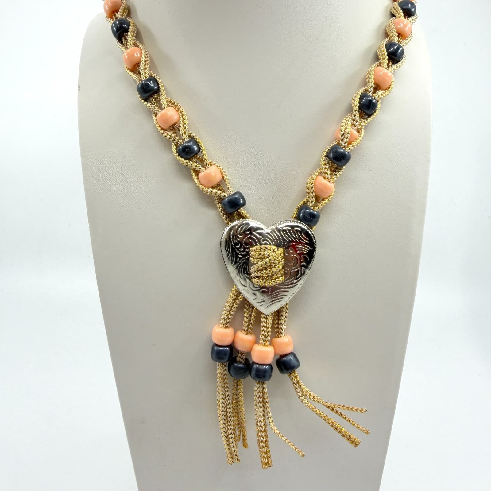 Boho Heart Bolo Necklace Gold Tone Woven Cord Peach Black Bead Festival Gift