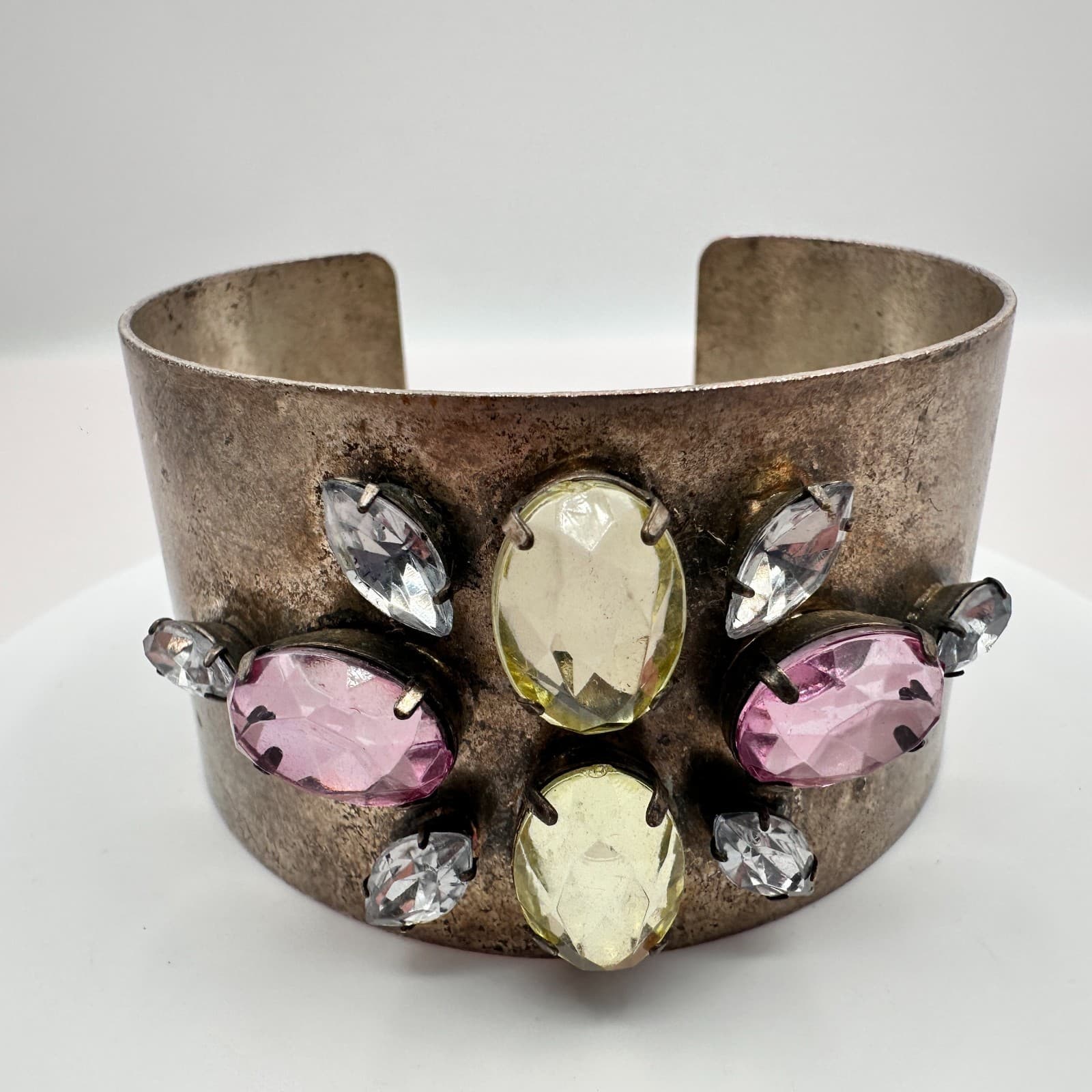 Vintage Y2K Rhinestone Bronze Tone Wide Cuff Bracelet Boho Statement Jewelry