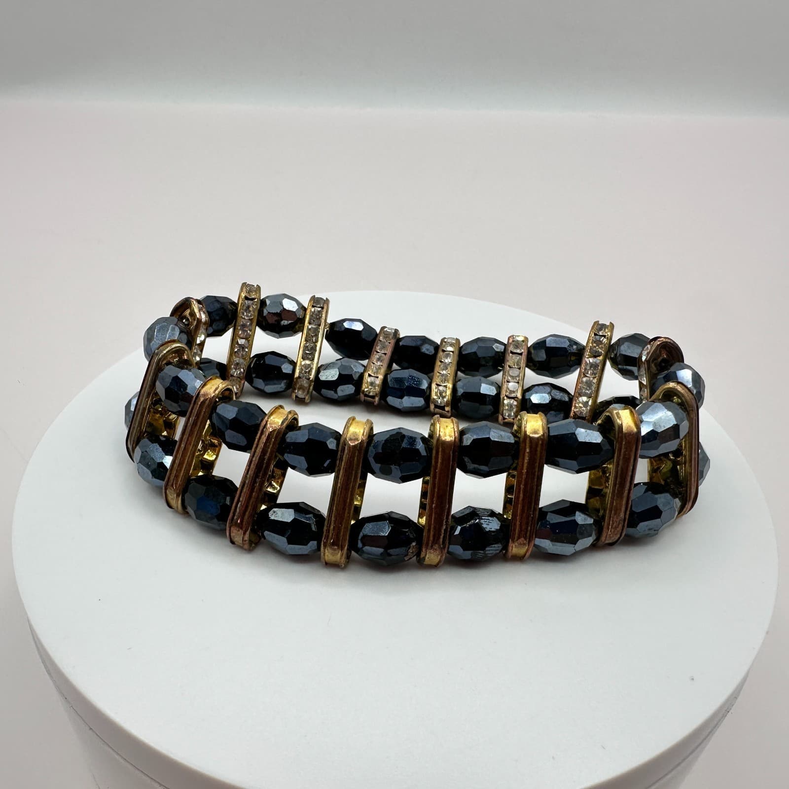 VTG Gold Tone Multi Row Stretch Bracelet Black Hematite Glass Bead Rhinestone