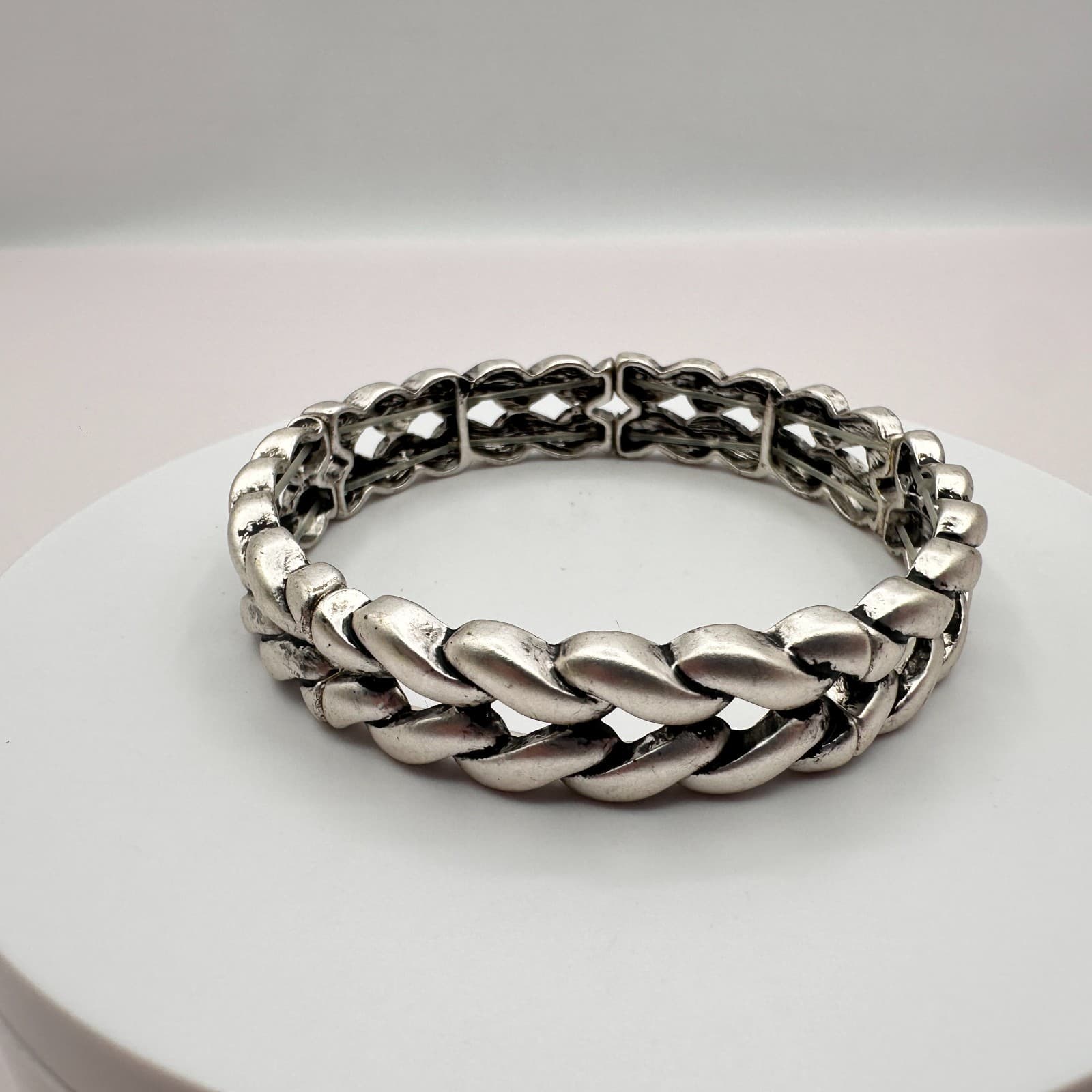 Vintage Y2K Silver Tone Braided Wide Cuff Stretch Bracelet Statement Jewelry 90s