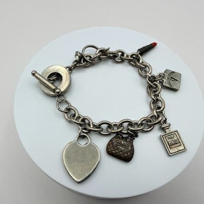 Vintage Y2K Silver Tone Heart Purse Perfume Lipstick Charm Bracelet Jewelry
