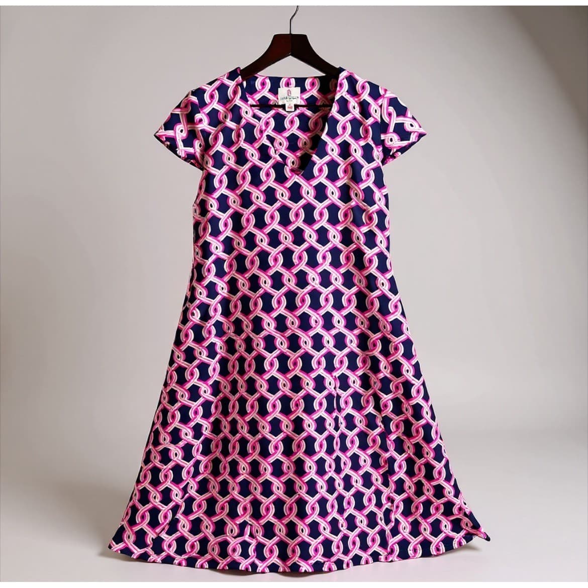 Julie Brown NYC Dress Women's Small Pink Navy Blue Print Short Sleeve Chic
