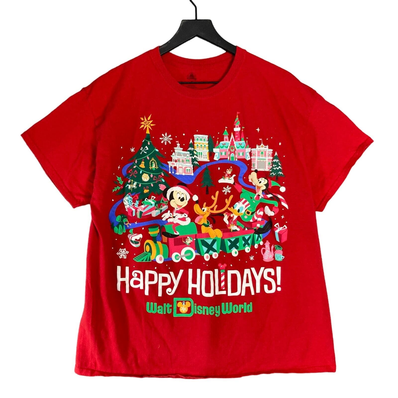 Disney Parks Happy Holidays T-Shirt XL Red Mickey & Friends Graphic Print